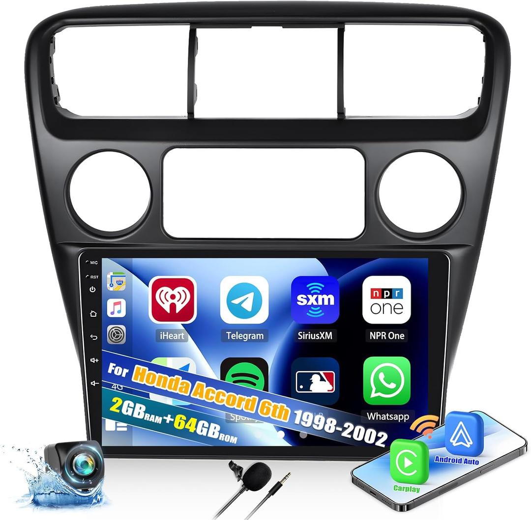 2+64G Android 13 Car Stereo for Honda Accord 6th 1998-2002 with Wireless CarPlay Android Auto, 9" Touchscreen in Dash GPS Radio with WiFi Mirror Link Bluetooth FM RDS EQ SWC Backup Camera