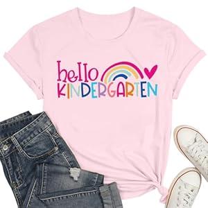 Kindergarten Teacher Shirts for Women Teacher Rainbow Graphic Tee Hello Kindergarten Tee Shirt, XL 