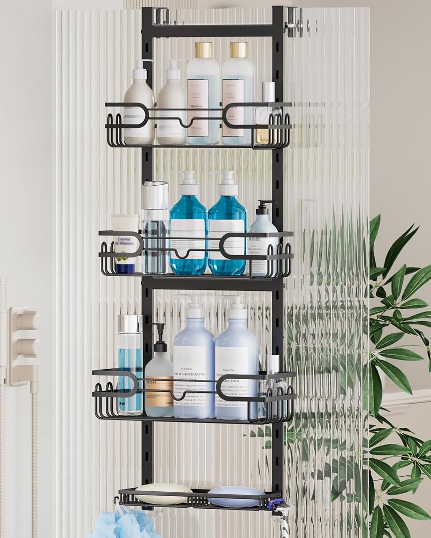 Consumest Over The Door Shower Caddy - 4 Tier Adjustable Hanging Shower Organizer Shelf with 2 Soap Holders & 22 Hooks, Rustproof Easy Installation Hanging Storage Rack for Bathroom, Black