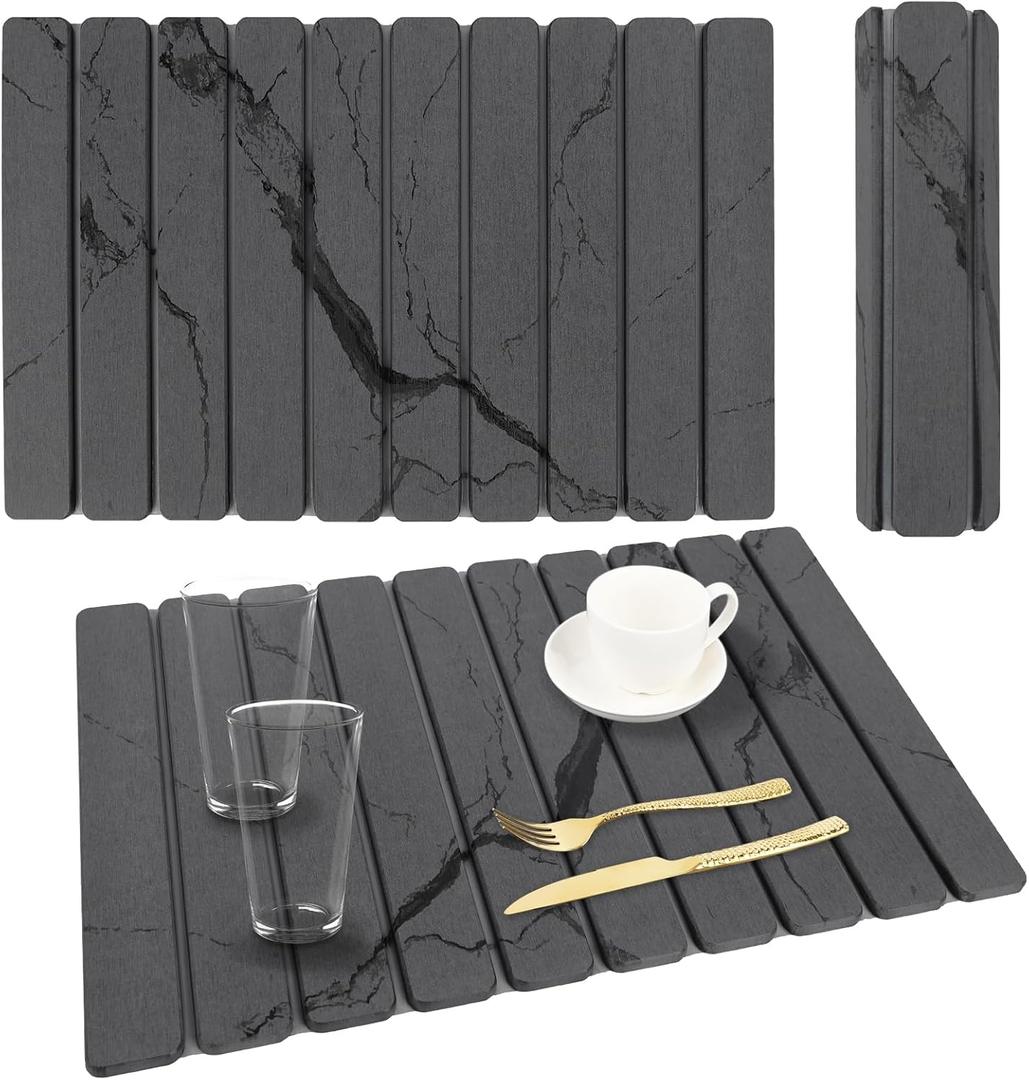 Stone Dish Drying Mat for Kitchen Counter, 24''15'' Dishes Drying Matt Kitchen Counter, Absorbent Diatomaceous Earth Bath Quick Dry Mats for Tableware, Bottles and Cup(Dark Grey Marble)
