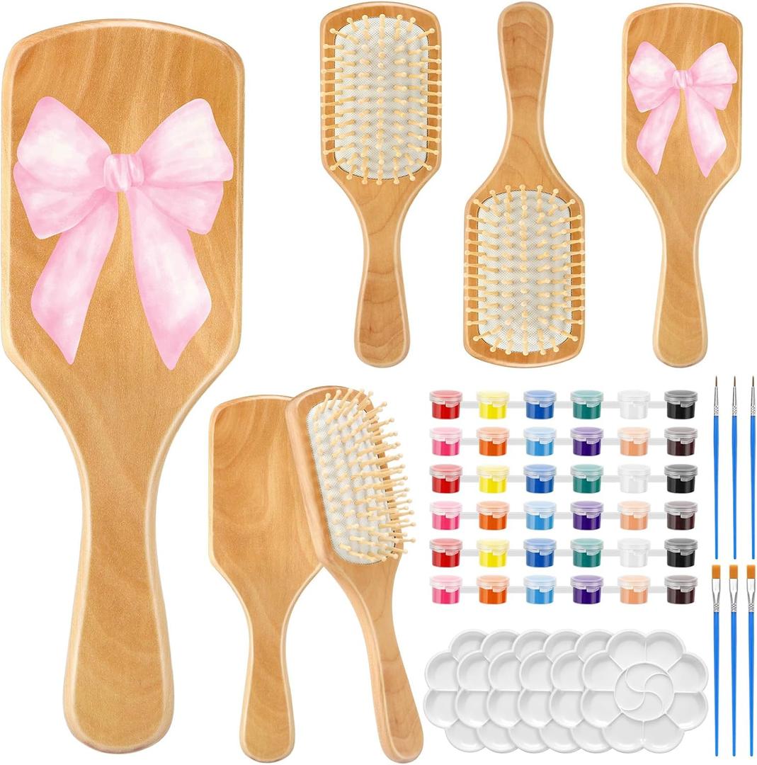 Meanplan 6 Set DIY Wooden Hairbrush Painting Kits Make Your Own Hair Brush Girls Hand-Painted Hairbrush Night Party Supplies with Paint Brush and Palette for DIY Gift Party Crafts