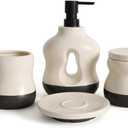 BosilunLife Bathroom Accessories Set of 4 - Beige Bathroom Countet Soap Set Bathroom Decor Bathroom Lotion Soap Dispenser Sets Toothbrush Holder and Soap Dispenser, Soap Dish, Apothecary Jar