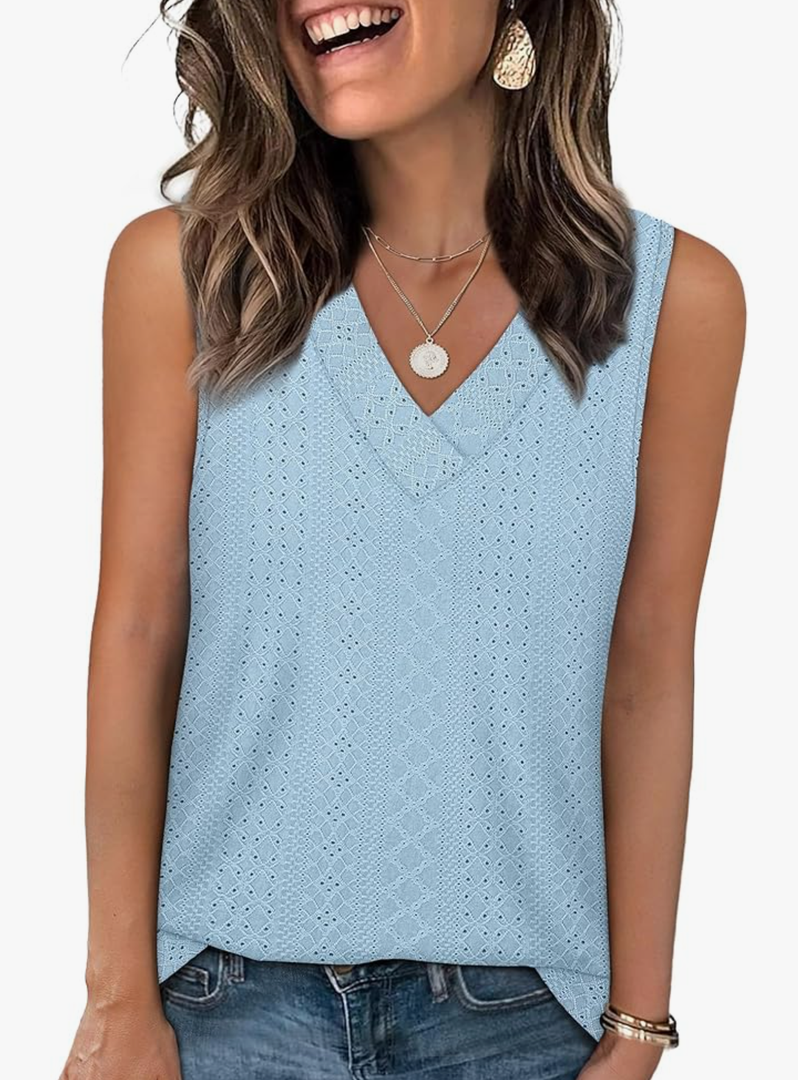 WIHOLL Tank Top for Women Summer Outfits V Neck T Shirts Trendy Eyelet Sleeveless Basic Beach Vacation Clothes, S