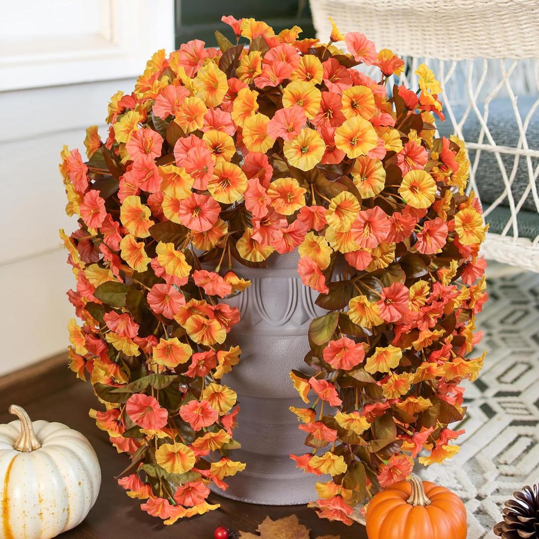 HyeFlora Artificial Fake Fall Hanging Flowers Plants for Outdoor Decor, 2PCS Faux Silk Fall Morning Glory Trailing Vines UV Resistant Look Real for Autumn Home Planter Porch Patio (Orange+Yellow)