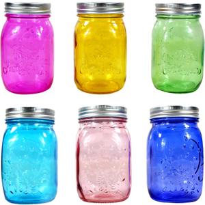 Mason Jars 16 oz with Lids Colored Mason Jars Regular Mouth Canning Jars 6 Pack Glass Jars,Christmas Decorations,DIY Mason jars Crafts,Jar for Fermenting,Pickling,-Microwave/Freeze Safe (Multicolor)