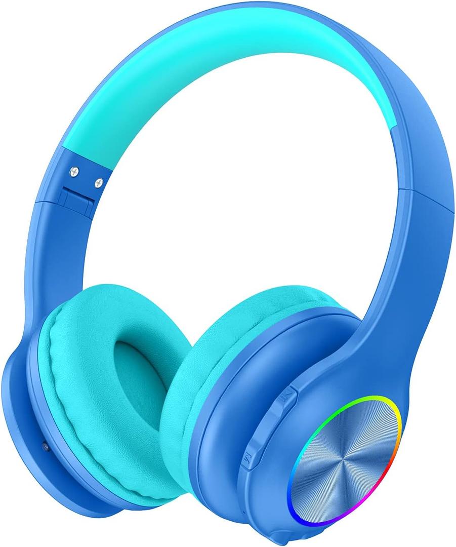 Kids Bluetooth 6.0 Headphones with LED Light, 85Hours Playtimes, Type-C Fast Charging, 85/94dB Volume Limited, Comfort Wireless Headphones with Built-in Mic, Wired & TF Card Mode, Blue