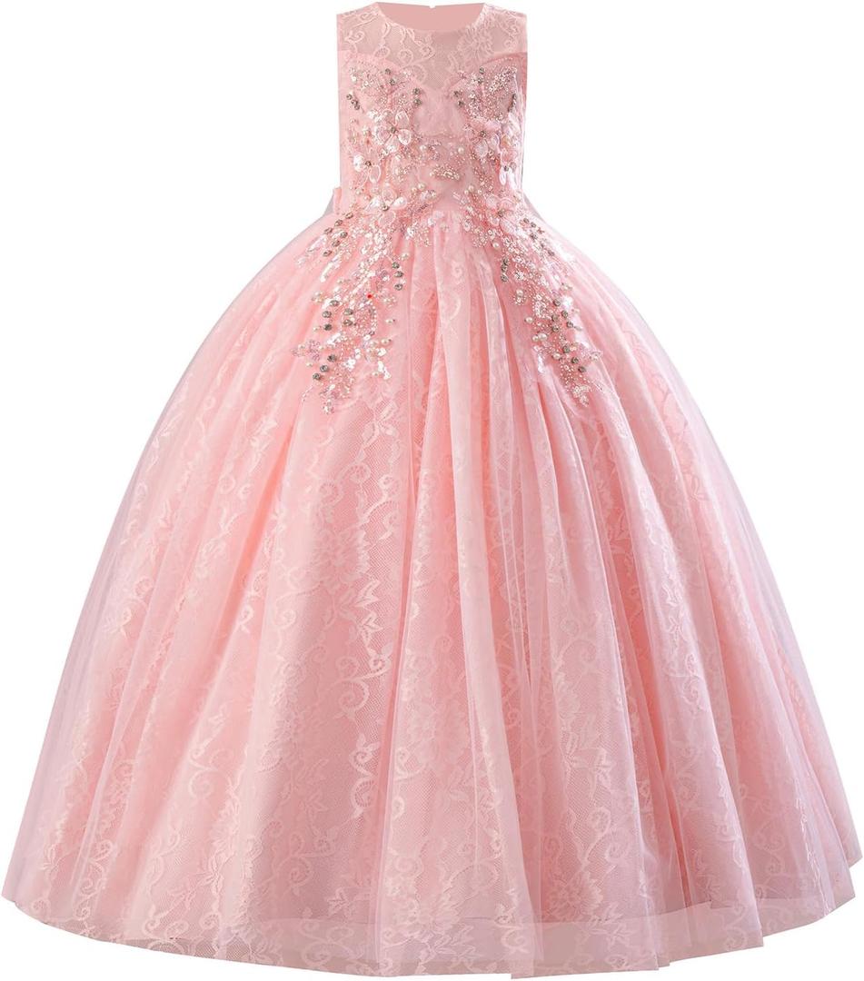 IDOPIP Sequin Flower Girl Lace Dress for Kids Wedding Pageant Party Formal Long Gown Princess First Communion Tulle Dresses (13-14 Years, Pink)
