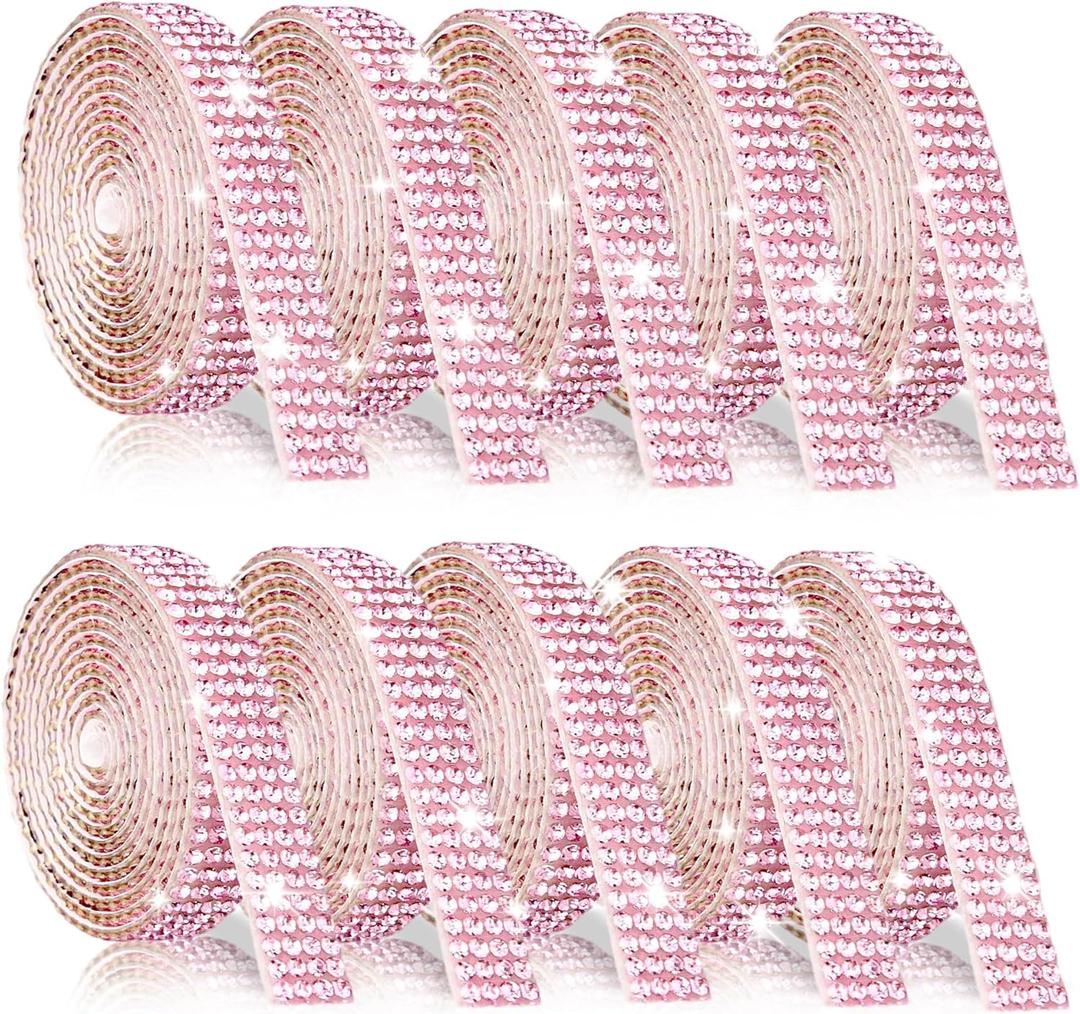 Self Adhesive Rhinestone Ribbon - 10 Rolls 10 Yard Rhinestone Strip - Glitter Bling Crystal Diamond Ribbon for DIY Decor, Shoes, Wedding, Party, Crafts - 4 Rhinestones/Row, Light Pink