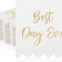 Lincia 100 Pcs Best Day Ever Wedding Cocktail Napkins White and Gold Scalloped Dessert Napkins for Party Bridal Shower Reception Decorations Birthday Supplies, 5 x 5 Inch, 2 Ply