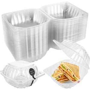 200 Pack Clear Clamshell Take Out Tray 6 x 6 x 3.15 Inch Plastic to go Containers, Disposable Takeout Hinged Boxes with 200pcs Hand Made Tags for Dessert, Cakes, Salads, Hamburger, Sandwiches