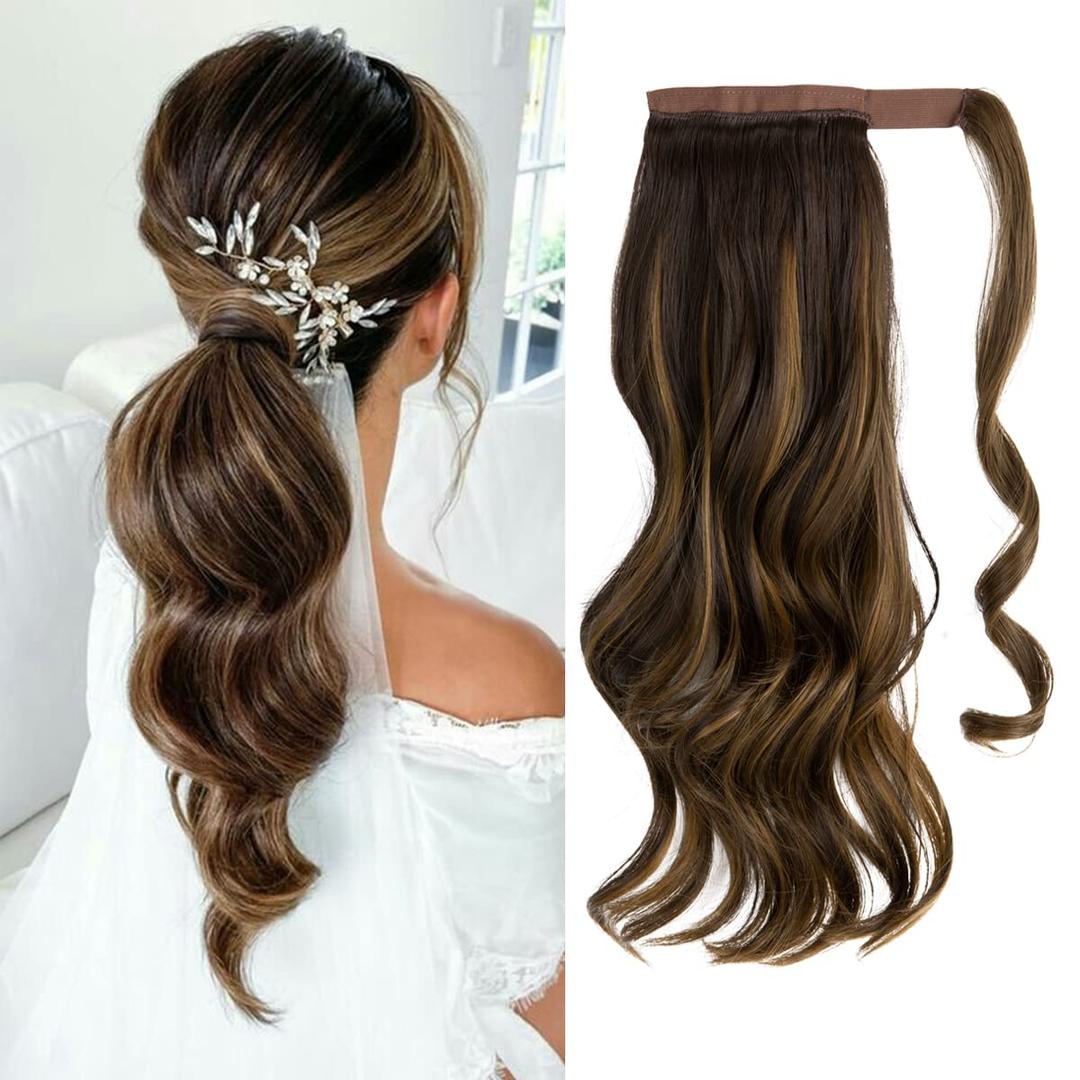 CJL HAIR 18" Long Ponytail Hair Extension Wrap Around Pony Tail Clip in Curly Wavy Synthetic Fake Hairpiece for Women Dark Brown/Golden Blonde