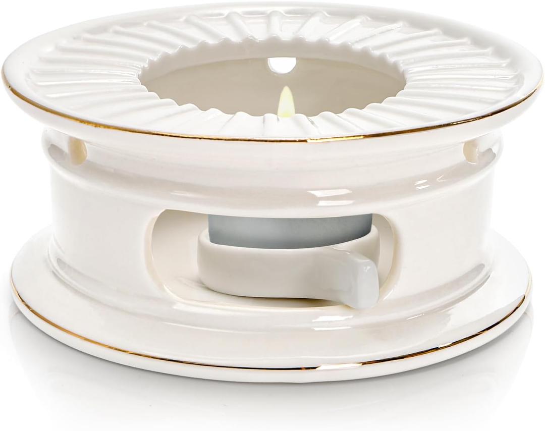 Ceramic Teapot Warmer, Gold Rim Teapot Heater with Tealight Holder, White Porcelain Tea Kettle Holder Warming Base for Heating Coffee, Milk, Water, Soup