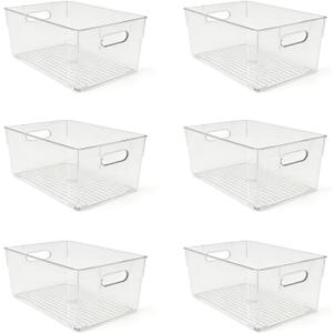 6 Pack Thick Clear Stackable Storage Bins, Cabinet Organizer, Plastiic Containers with Handle for Kitchens, Bathrooms and Fridge and Desktop