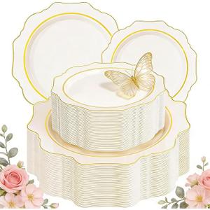 WDF 100PCS Ivory Plastic Plates with Gold Rim  Cream Plastic Plates  Include 50 Dinner & 50 Dessert Fancy Disposable Plate for Party  Heavy Duty Beige Plate for Baby Shower/Wedding/Mother's Day