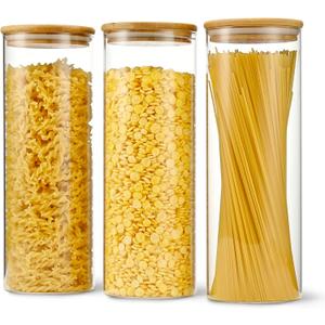 D2scrma 70oz Straight cylindrical Airtight Storage Jars with Bamboo Lid Set of 3 Storage Container Glass Jars, Kitchen Canister for Noodles, Pasta and Coffee beans (‎with Black Lable)