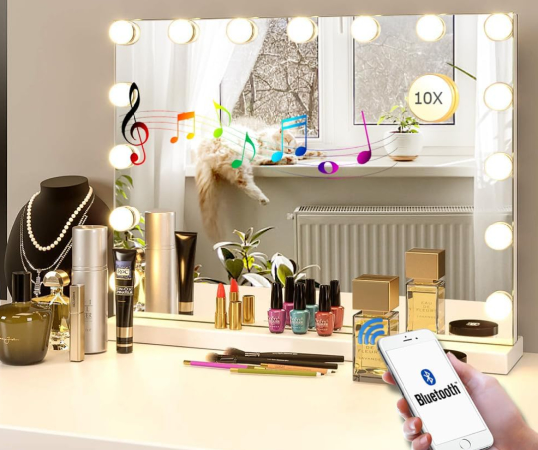 LilyHome 22.8"x 18.1" Vanity Mirror Makeup Mirror with Lights,10X Magnification,Large Hollywood Bluetooth Lighted Vanity Mirror with 15 LED Bulbs & Speaker,3 Color Modes,Touch Control for Wall-Mounted