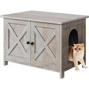 Shintenchi Cat Littler Box Enclosure, Litter Box Furniture Hidden with Removable Divider, Cat House with End Table, Grey