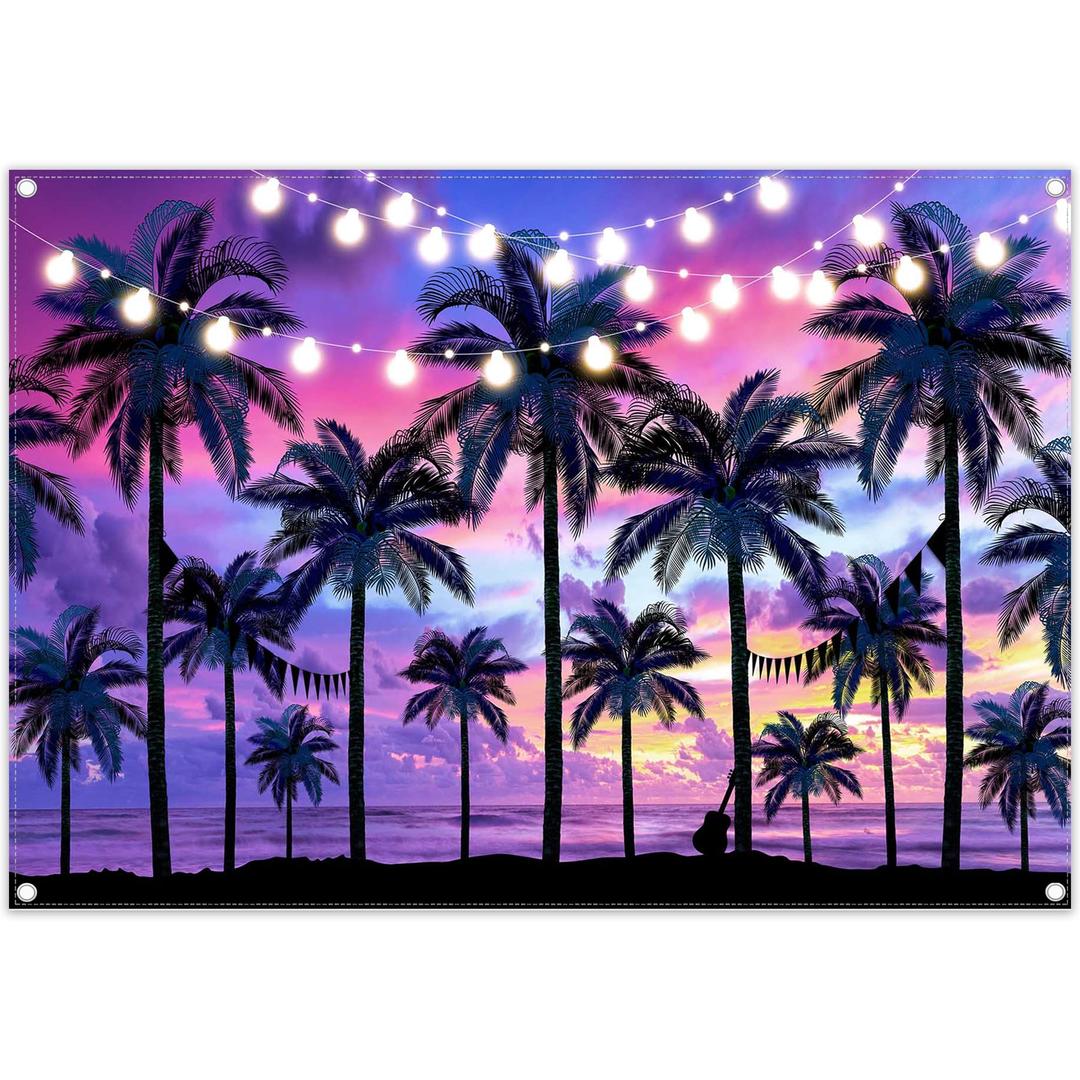 Fabric 7x5ft Purple Summer Seaside Sunset Backdrop Hawaii Beach Palm Trees Tropical Photography Background Luau Party Decorations Kids Adults Photo Banner Booth