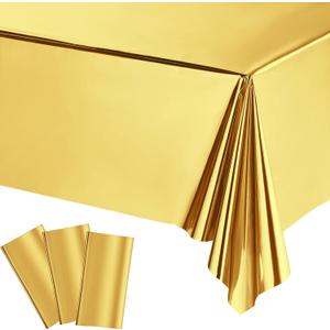 Tatuo 3 Pieces Foil Party Rectangular Table Covers Table Cloth 54 x 108 Inch Shiny Plastic Waterproof Tablecloth Party Desk Cover for Wedding Anniversary Engagement (Gold)