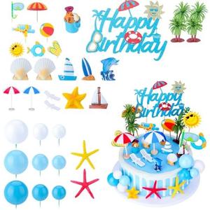 Guiqulai 33Pcs Summer Beach Cake Toppers, Hawaiian Ocean Pool Party Decorations for Birthday Cakes & Cupcakes, Tropical Blue Surfboard Starfish Coconut Tree Mini Figurines