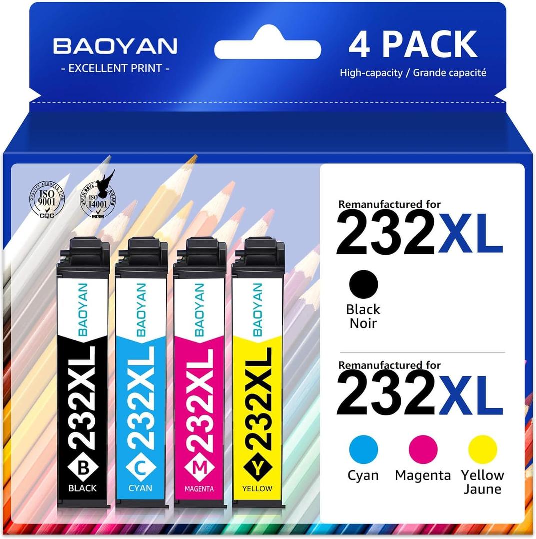 232XL Ink Cartridges for Epson Printer Remanufactured for Epson 232XL Ink Cartridges Combo Pack for Expression Home XP-4200 XP-4205 Workforce WF-2930 WF-2950 XP4200 WF2950 (Black Cyan Magenta Yellow)