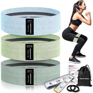 Wide Fabric Resistance Bands for Working Out, 3 Level Non-Slip Exercise Booty Bands for Women & Men Leg and Glutes with Hair Ties and Tape Measure - for Home Gym Workout, Yoga, Pilates (Blue and Green)
