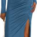 BTFBM Formal Dresses for Women 2026 Spring Long Sleeve Mock Neck Ruched Bodycon Slit Maxi Wedding Guest Dress Cocktail (Blue, XL)