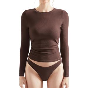 OMKAGI Women Long Sleeve Shirts Cotton Ribbed Fitted Basic Tops Crewneck Y2K Top (Brown, XL)