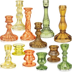 Mumufy 12 Pcs Thanksgiving Glass Crystal Taper Candle Holders Clear Amber Glass Candlestick Holder Fit 0.8 Inch Red Green Ribbed Taper Candlestick Holders Thanksgiving Centerpiece Table Wedding Dining (Stylish Color)