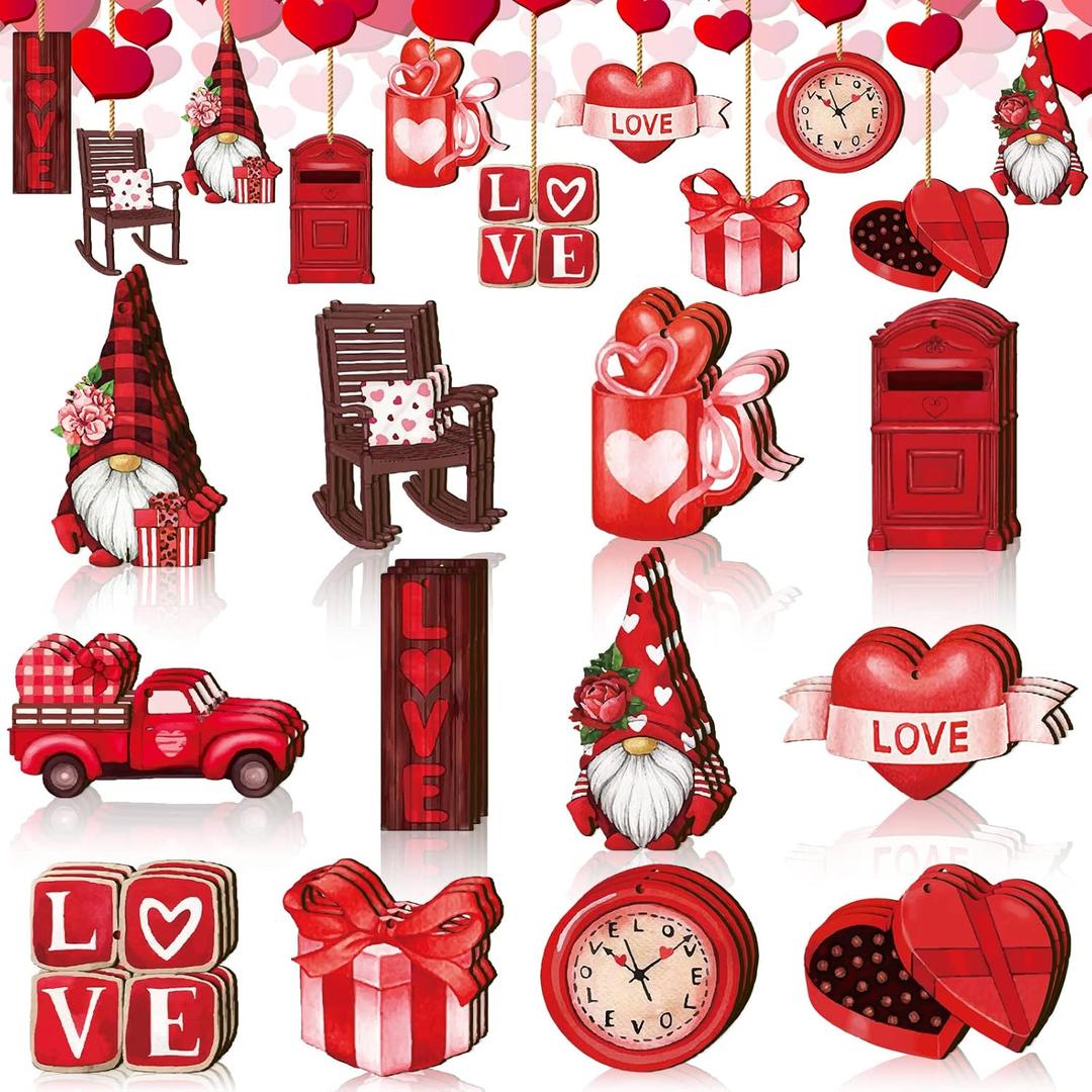 Spiareal 36 Pcs Valentines Day Wooden Ornaments Red Valentines Decorations for Tree Gnomes Hanging Holiday Wood Cutouts Valentine's Ornaments for Christmas Tree Craft Home Indoor Party Decor