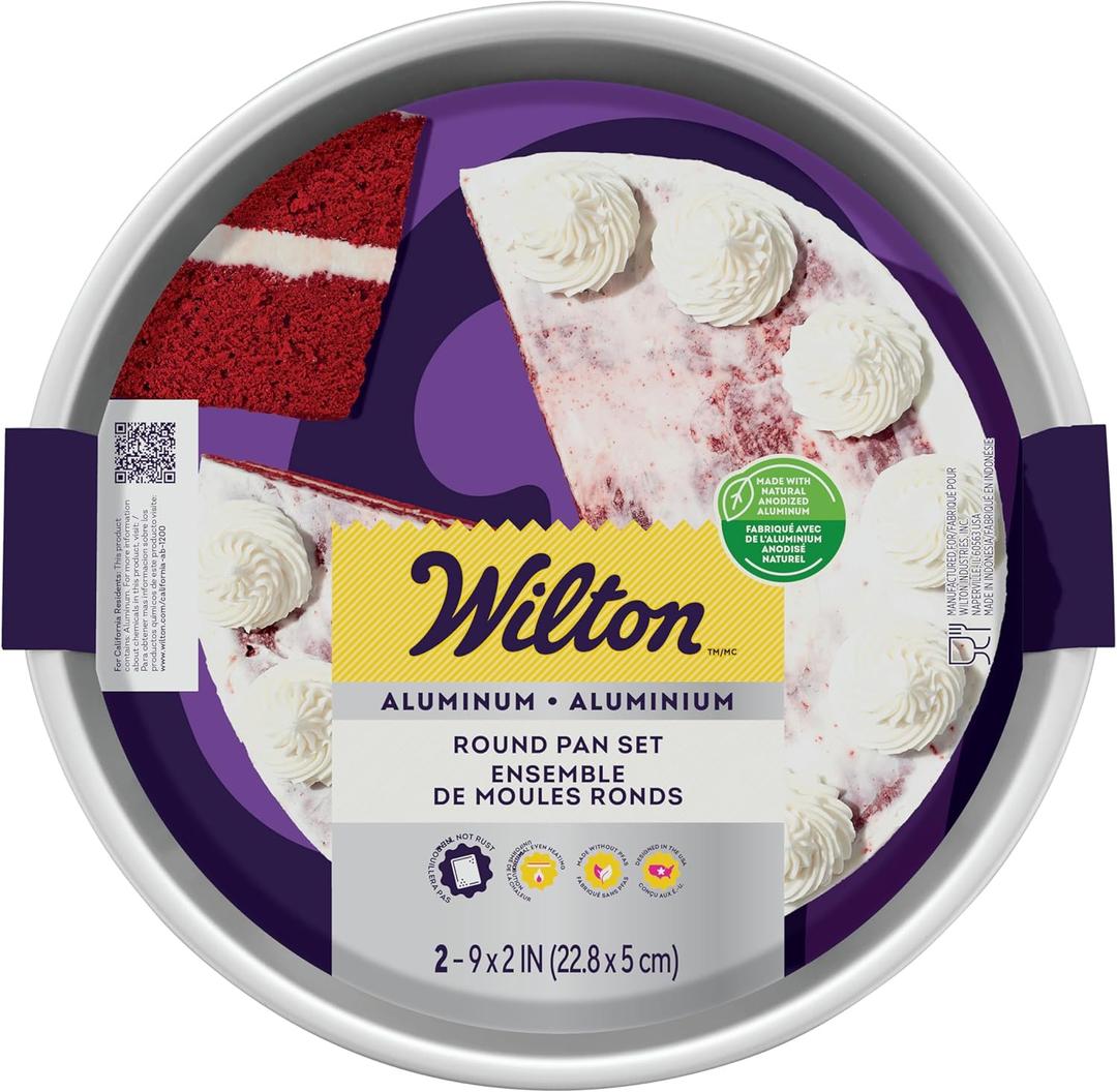 Wilton Aluminum 9 Inch Round Cake Pan Set, Made With Natural Anodized Aluminum, Made Without PFAS, Bakeware Optimal For Even Heating, Set Of 2 Round Pans (9 x 2 Inch Round Cake Pan)