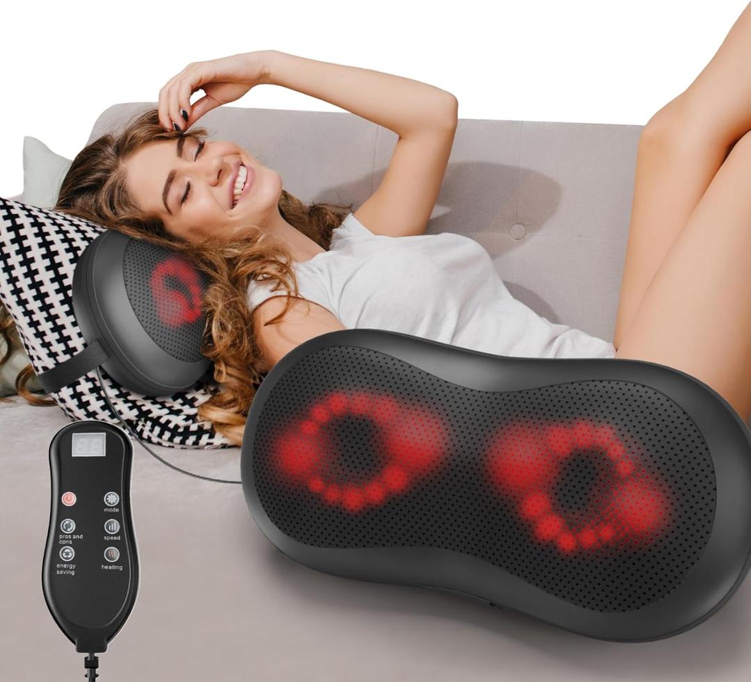 Adjustable Neck-Shoulder Massage Pillow with Magic Strap, High-Power Copper Motor, Hand Control & Heating Back Massager for Pain Relief (Remote, 24 Head)