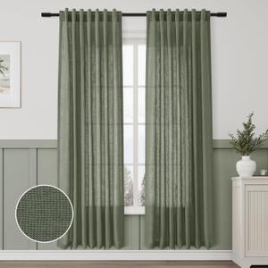 Linen Blend Green Curtains 78 Inches Long 2 Panels for Living Room Back Tab Pocket Light Filtering Sheer Privacy Olive Green Window Curtains Aesthetic Decor Muted Earthy Tone Drapery Bedroom