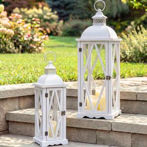 Perfnique Farmhouse Outdoor Lanterns for Patio, Set of 2 White Rustic Lanterns Decor, Vintage Hanging Candle Holder Decorative for Porch, Garden, Yard, Indoor (No Glass)
