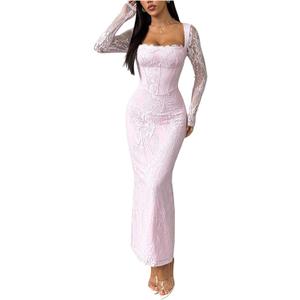 OYOANGLE Women's Floral Lace Slit Back Fishtail Long Dress Square Neck Cocktail Bodycon Maxi Dresses, Small