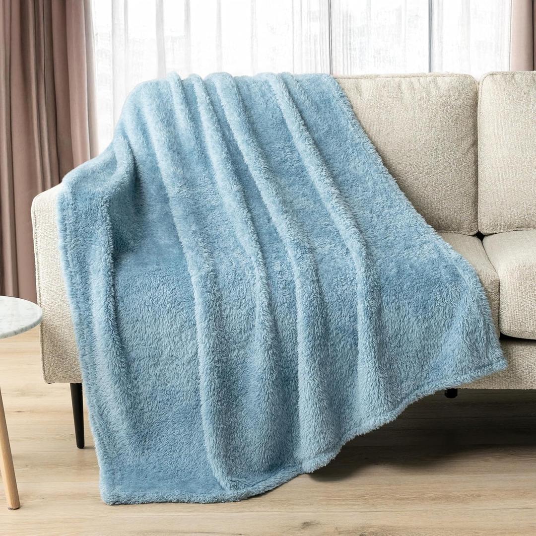 PAVILIA Sherpa Throw Blanket for Couch Sofa, Dusty Slate Blue Fluffy Warm Plush Blanket for Twin Bed, Cozy Super Soft Lightweight Throw, Fuzzy Decorative Blanket, All Season Home, 60x80