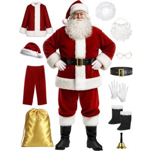 Santa Claus Costume for Men Santa Suit Adults 11pcs Mens Deluxe Professional Christmas Clause Outfit Xmas Cosplay, M