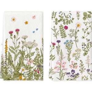 Artoid Mode Wildflower Floral Kitchen Towels Dish Towels, 18x26 Inch Leaves Holiday Decoration Hand Towels Set of 2 (Beige)