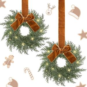 Thiccywoov 2 Pcs 9 Small Christmas Bow Wreath Xmas Velvet Brown Knot Artificial Norfolk Pine Winter Garlands for Cabinet Front Door Window Home Wall Decor (Christmas Bow Wreath)
