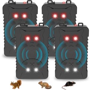 4Pack Ultrasonic Rodent Repellent for Car Engines, Under Hood Ultrasonic Mouse Repellent with 4 LED Strobe Lights, Plug-in&Battery Powered, Keep Rats, Mice, Squirrels Away from Vehicles, RVs, Garages, Attics