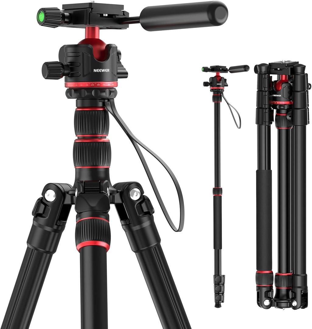 NEEWER Basics Camera Tripod Monopod, 77" Compact Lightweight Travel DSLR Video Stand, 360 Ball Head, Arca Type QR Plate, Reversible Legs & Inverted Central Axis, 13lb Max Load, TP08