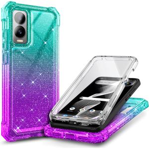 WDHD for Cricket Icon 6 Case (SL219C), AT&T Verge Case (SL219A) with Built-in Screen Protector, 9FT Military Grade Drop Tested Full-Body Protective Shockproof Bumper (Glitter Aqua/ Purple)