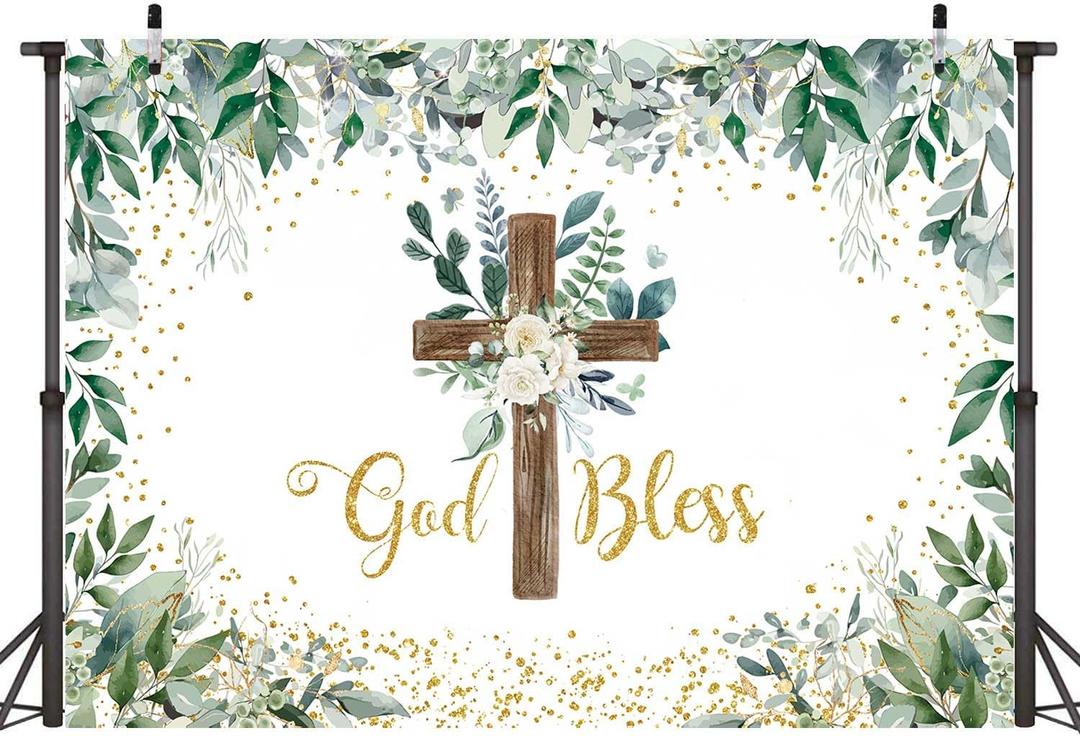 Eucalyptus God Bless Backdrop Greenery Wooden Cross Baptism Photography Background Eucalyptus God Bless First Holy Communion Party Decoration(7×5FT)