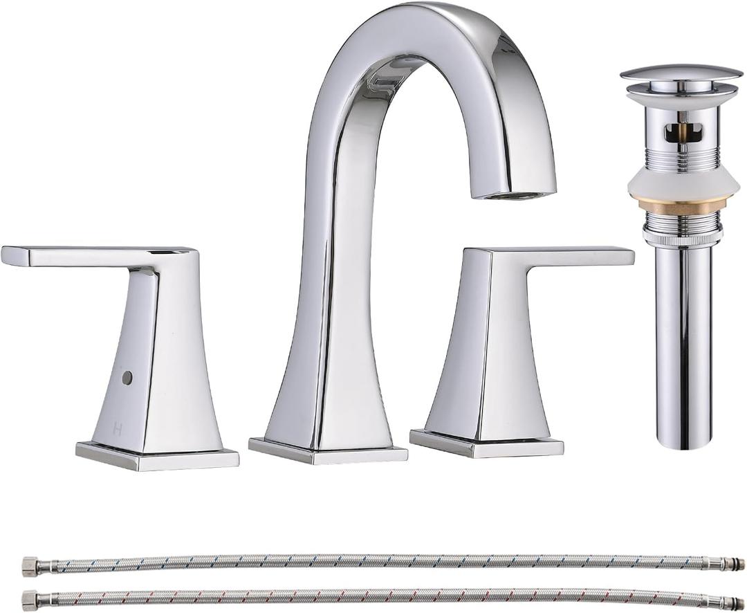 Widespread Bathroom Faucet - 3 Hole, 2 Handle with Pop-up Drain and Water Supply Lines, Stainless Steel for Vanity and Farmhouse Sinks, Chrome