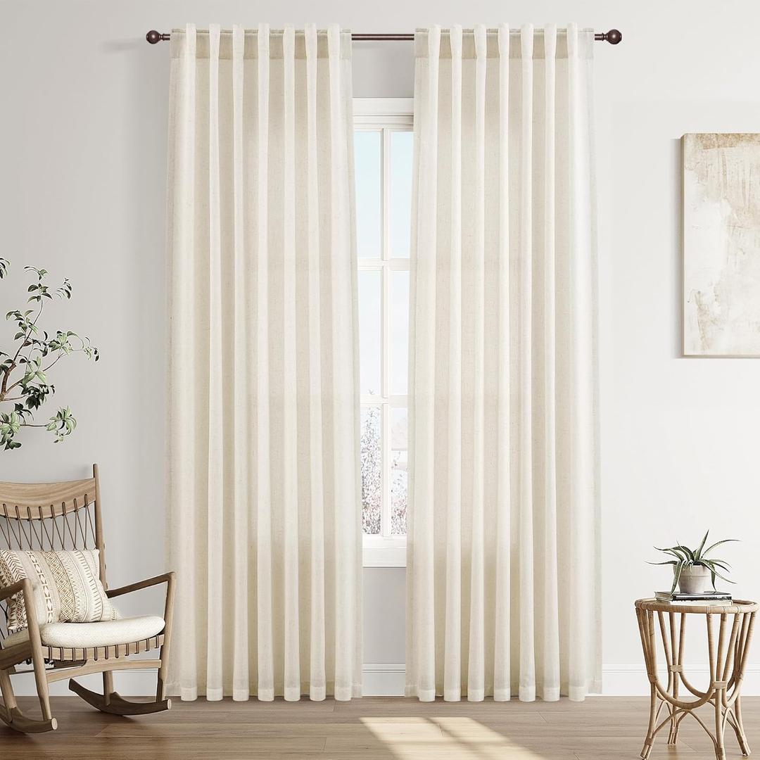 Joywell Natural Linen Curtains 90 Inches Long for Living Room 2 Panels Boho Cream Privacy Light Filtering Semi Sheer Curtain for Bedroom Farmhouse Neutral Drapes Window with Back Tab 52x90 Inch