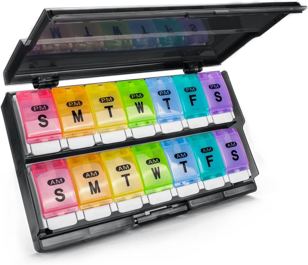 Extra Large Weekly Pill Organizer 2 Times a Day - Remtise Am/Pm Daily Pill Case Medicine Organizer, Push Button 7 Day Pill Box for Pills/Vitamin/Cod Liver Oil/Supplements (Rainbow)