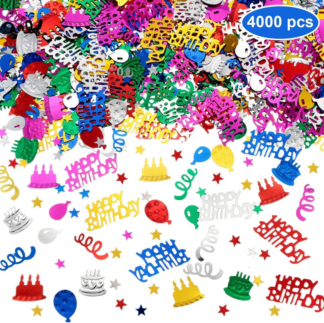 WILLBOND 4000 Pieces Happy Birthday Confetti Multi-color Foil Confetti Decoration Scatters for Table Balloon Ribbon Cake Decoration Birthday Party Anniversary Wedding DIY Craft Supplies