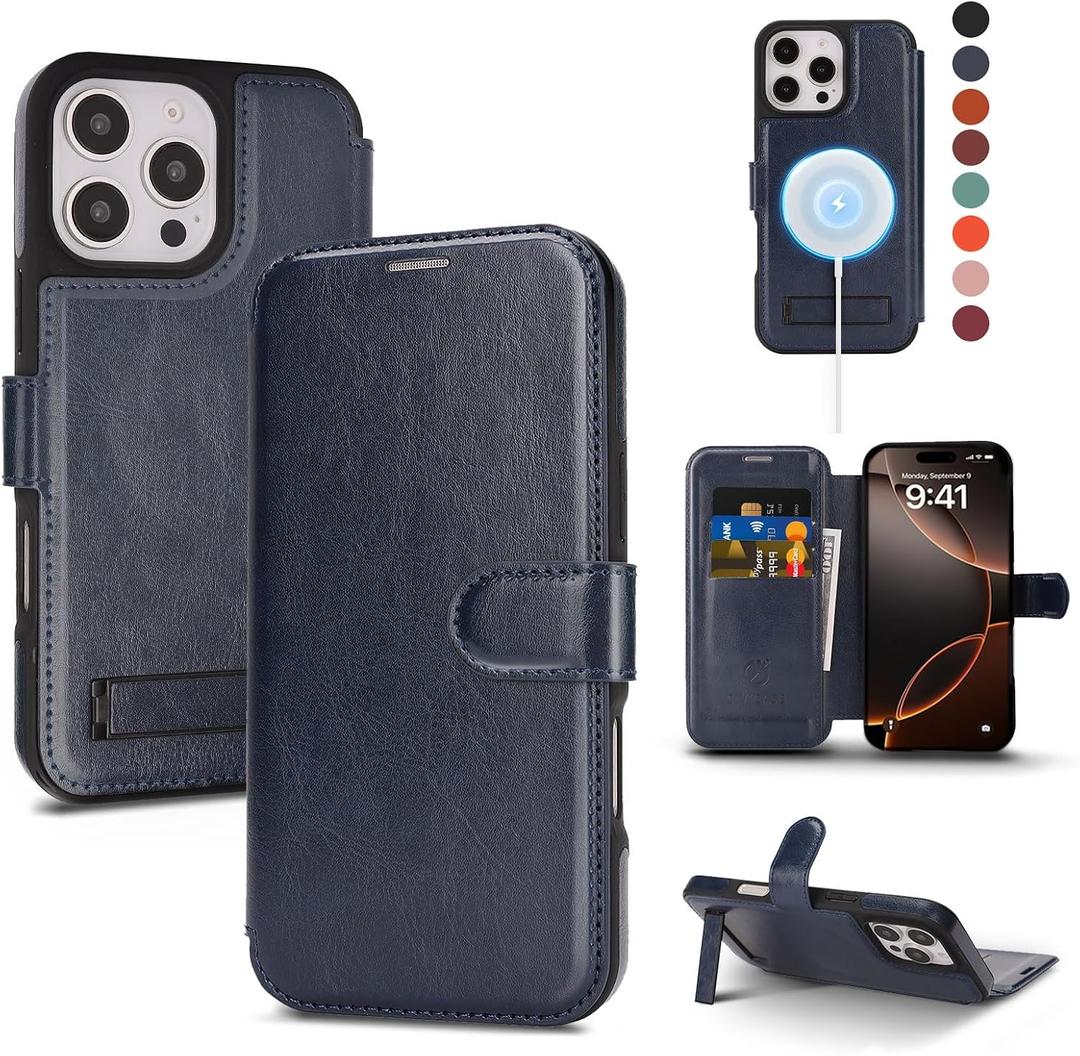 for iPhone 16 Pro Max Wallet Case with Stand,PU Leather Flip Credit Card Holder Slots (RFID Blocking),Compatible with Magsafe Magnetic Holder Phone Cover Women Men,Blue
