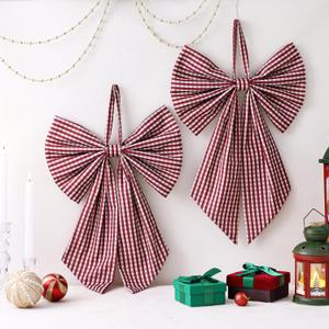 2 Pcs Red White Buffalo Plaid Wreath Bow 19.6'' x 11.8'' Wreath Sash for Front Door Christmas Party Yard Doorway Indoor Outdoor Hanging Wall Decoration