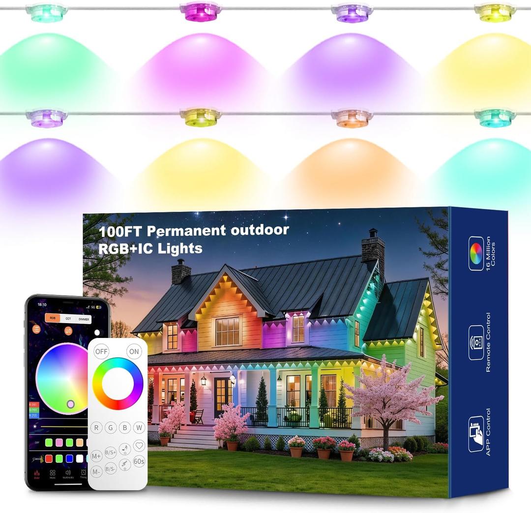 Permanent Outdoor Lights RGB Smart IC 100FT/50LEDs Decor IP68 Waterproof Music Sync Eaves Lights with Remote&APP Control Suitable for Holiday Decoration Christmas Garden Party Decor Deck